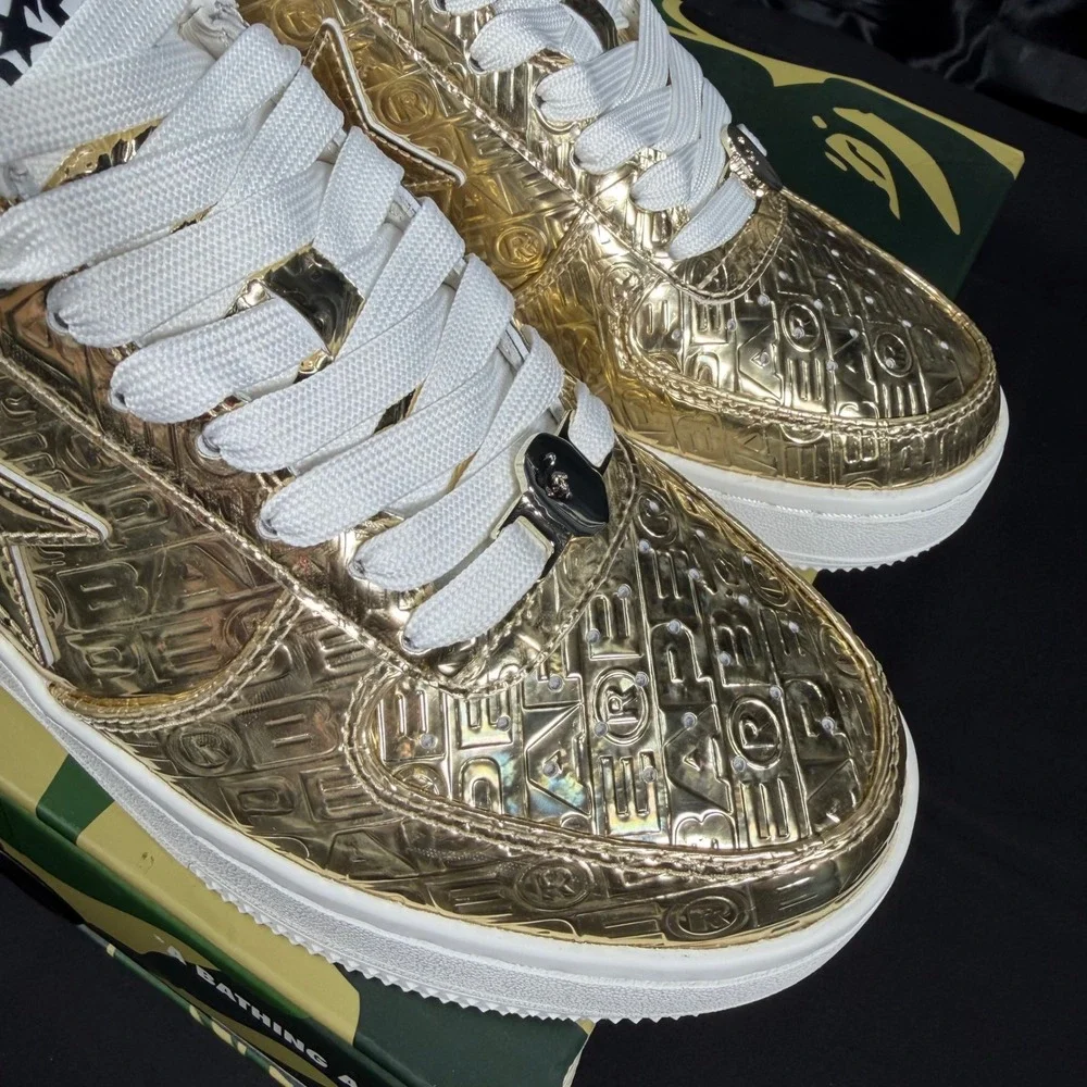 A Bathing Ape Bape Sta Gold Metallic Embossed Low Top Sneakers 1K80191305 Size 8